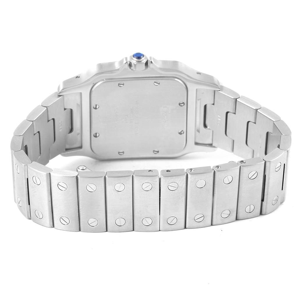 The image shows the back and bracelet of the Cartier Santos W20060D6 Stainless Steel Silver Dial W20060D6 Stainless Steel Silver Dial watch at a slightly angled rear view.