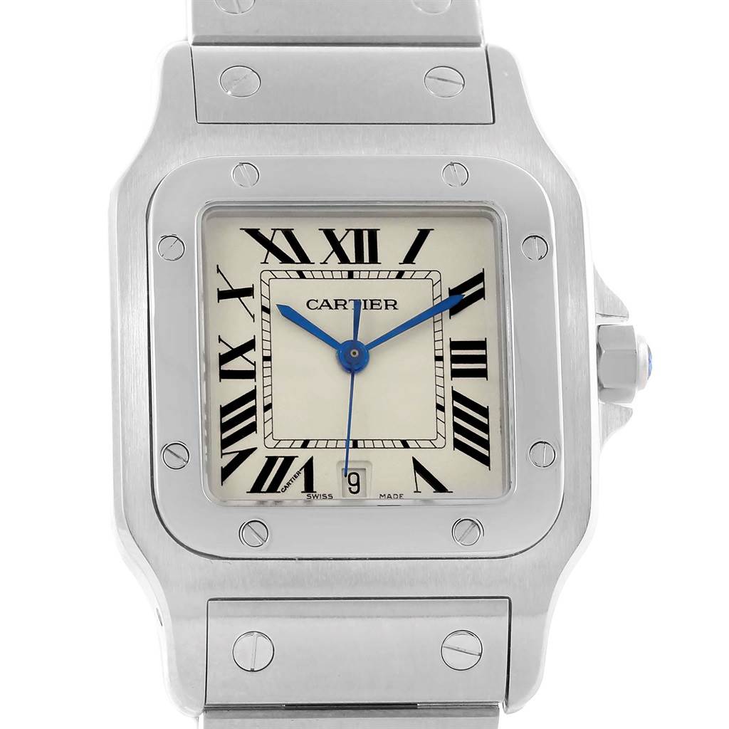 This image shows a front view of the Cartier Santos W20060D6 Stainless Steel Silver Dial W20060D6 Stainless Steel Silver Dial watch, highlighting its face, bezel, and part of the bracelet.