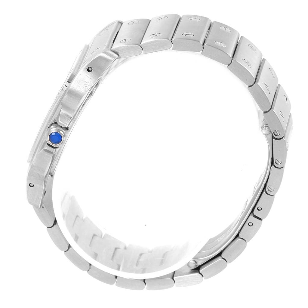 This image shows a side view of the bracelet and crown of a Santos model watch by Cartier.