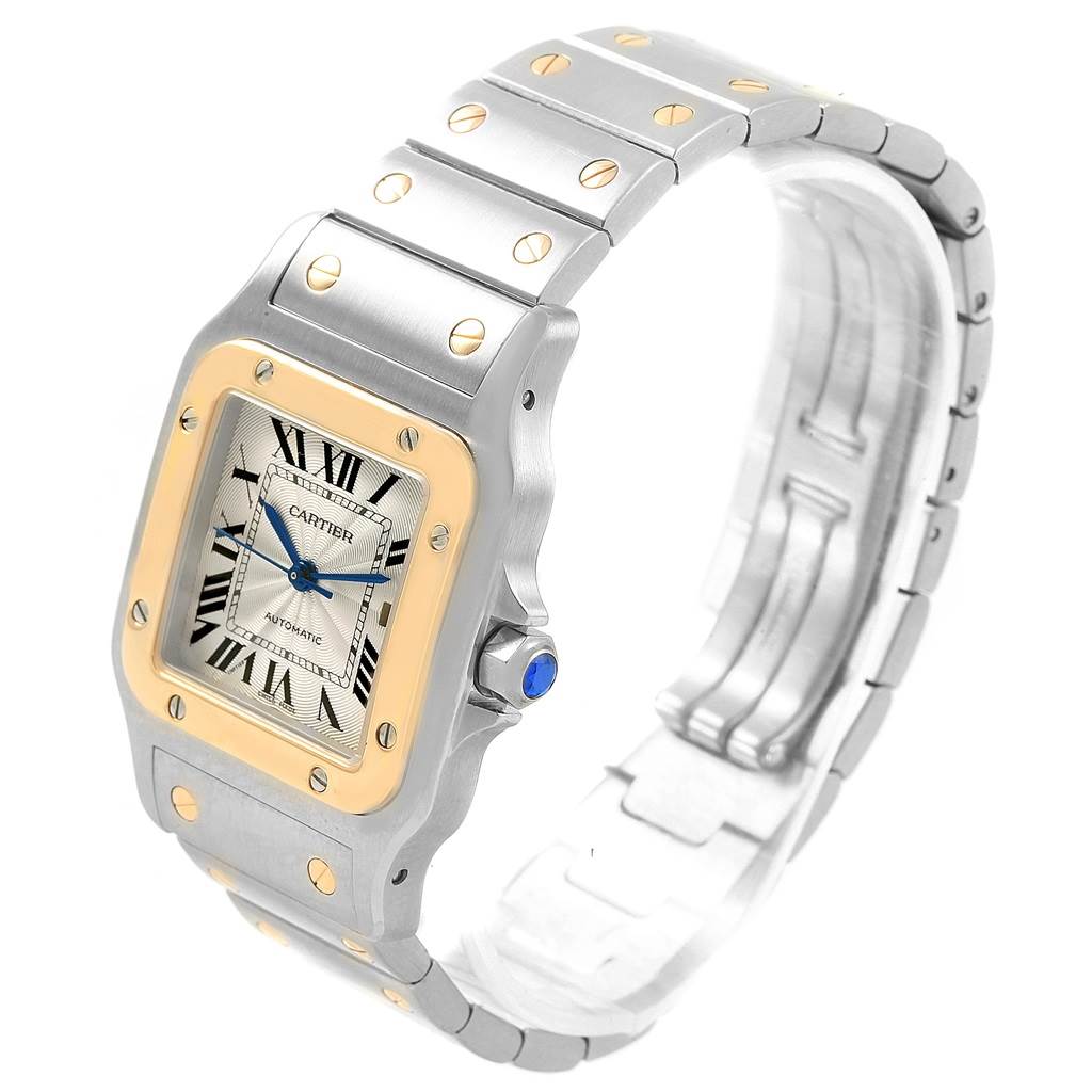 This image shows a Cartier Santos W20058C4 Men's Stainless Steel Silver Dial W20058C4 Men's Stainless Steel Silver Dial watch angled to display the front dial, bezel, bracelet, and crown.