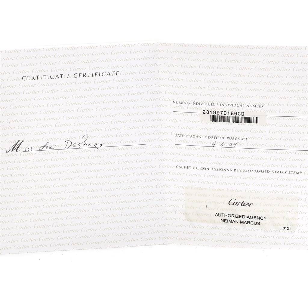 This image shows the certificate of authenticity for the Cartier Santos W20058C4 Men's Stainless Steel Silver Dial W20058C4 Men's Stainless Steel Silver Dial watch model.