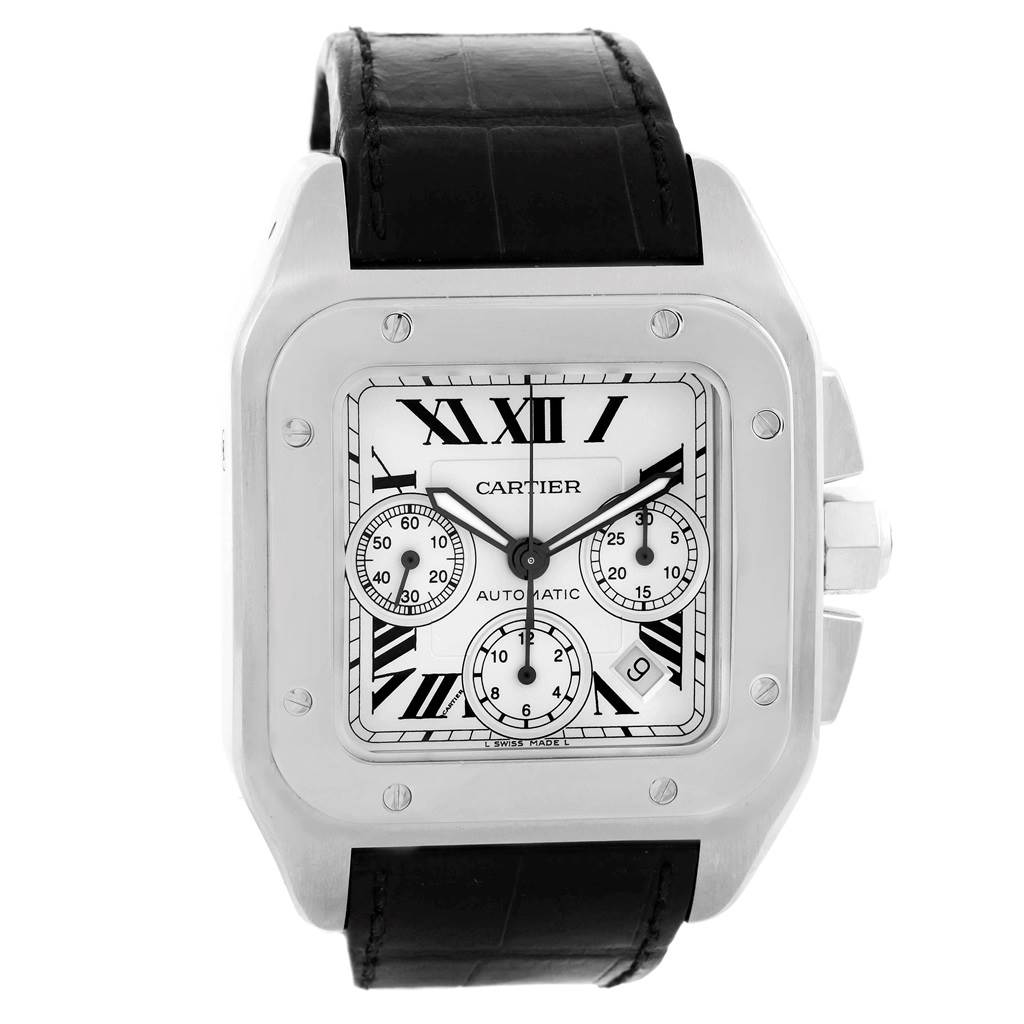 The Cartier Santos W20090X8 Men
s Stainless Steel Silver Dial W20090X8 Men
s Stainless Steel Silver Dial watch is shown from a front view, displaying its face, bezel, crown, and leather strap.