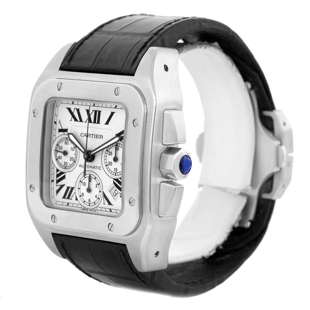 The image shows a Cartier Santos W20090X8 Men
s Stainless Steel Silver Dial W20090X8 Men
s Stainless Steel Silver Dial watch at an angle highlighting its face, crown, and black leather strap.