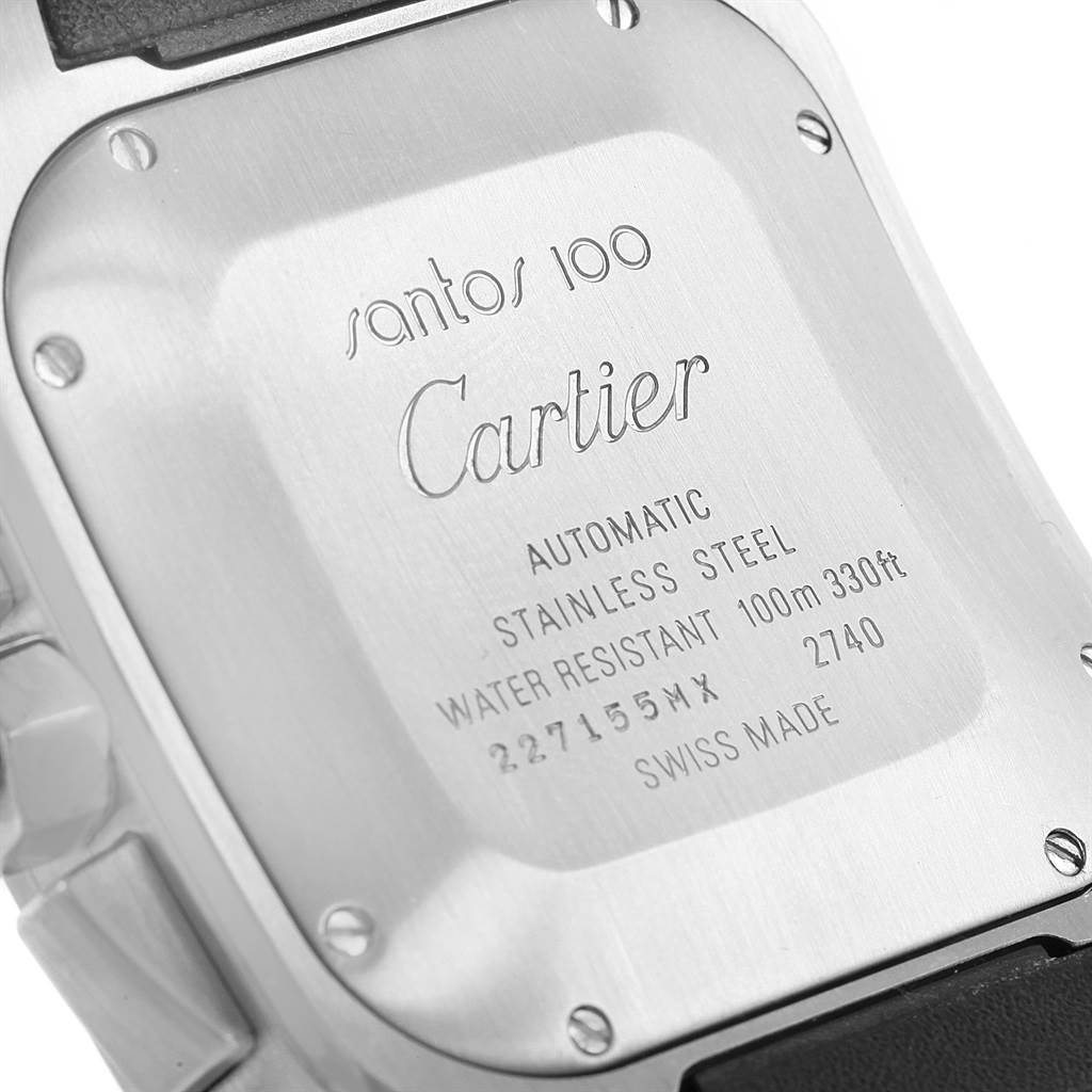 This image shows the case back of a Santos 100 watch by Cartier, displaying the engravings and specifications.