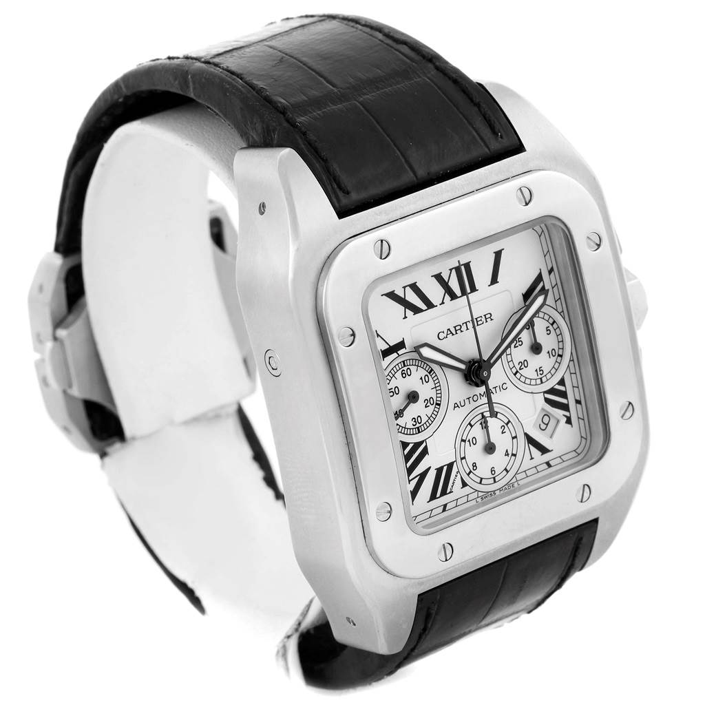This image shows a Santos model by Cartier from a front-left angle, highlighting the dial, bezel, and leather strap.