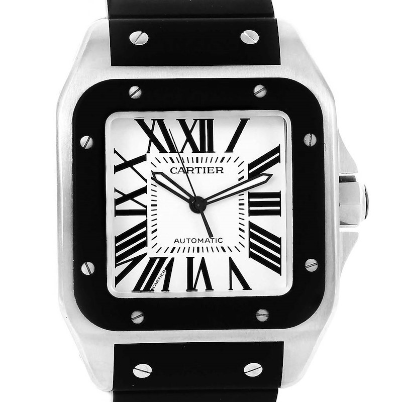 Cartier Santos 100 Stainless Steel Black Rubber Watch W20121U2 SwissWatchExpo