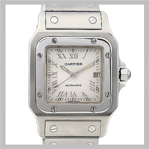 The image shows a frontal view of the Santos model by Cartier, highlighting its square face, bracelet, and screws on the bezel and band.