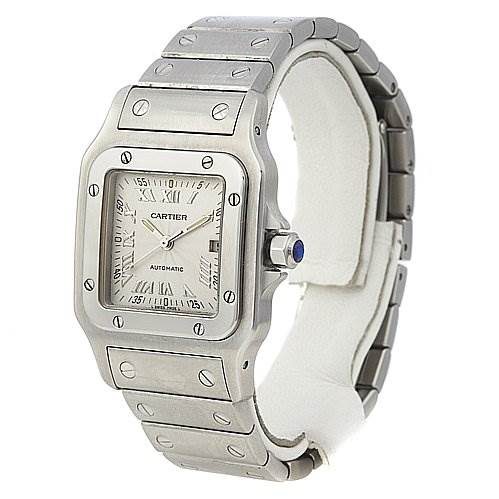 The image shows a front and side view of a Cartier Santos Stainless Steel Silver Dial Stainless Steel Silver Dial watch, highlighting its square face, metal band, and distinctive screws.