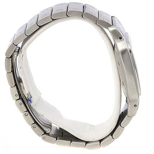 The image shows a side view of the Santos model by Cartier, focusing on the bracelet and case.