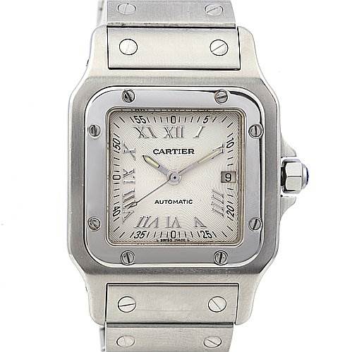The image shows a front view of a Cartier Santos Stainless Steel Silver Dial Stainless Steel Silver Dial watch, displaying its face, bezel, and part of the bracelet.