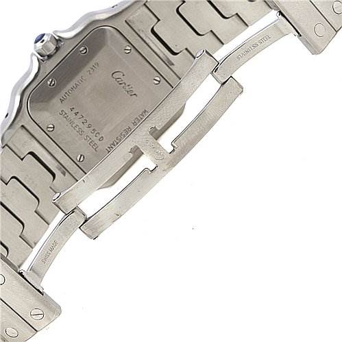 This image shows the clasp and the case back of a Cartier Santos Stainless Steel Silver Dial Stainless Steel Silver Dial watch from an angled underside view.