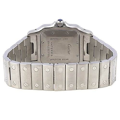 This image shows the back and bracelet of a Cartier Santos Stainless Steel Silver Dial Stainless Steel Silver Dial watch, highlighting the case back and stainless steel bracelet.