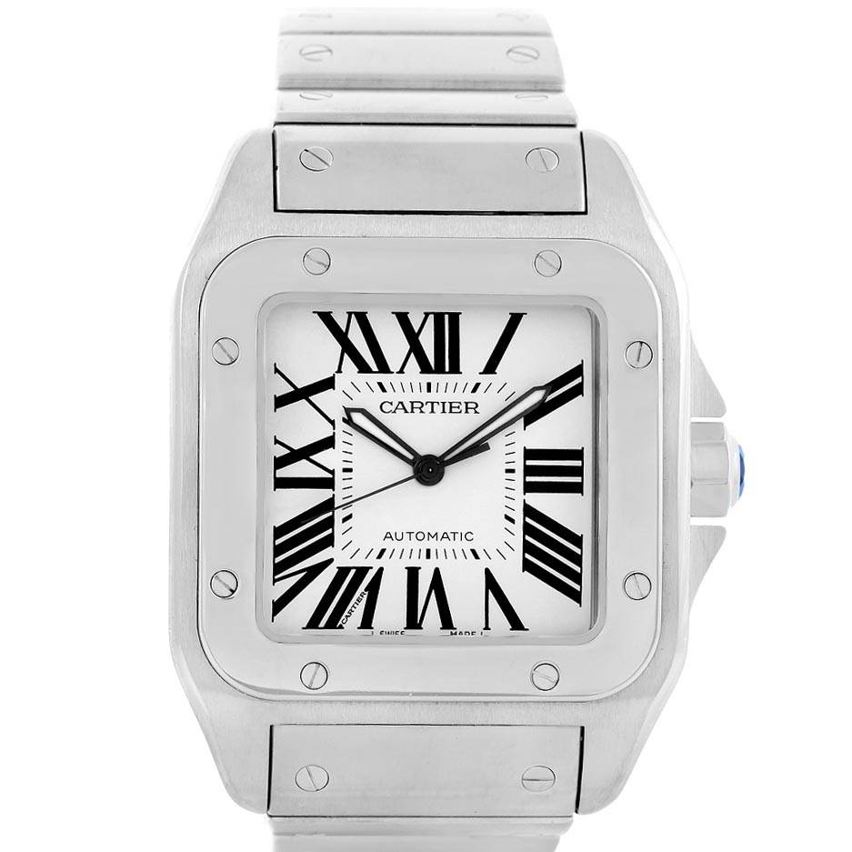 The image shows a front view of the Cartier Santos W200737G Men
s Stainless Steel Silver Dial W200737G Men
s Stainless Steel Silver Dial watch, highlighting the dial, bezel, and part of the bracelet.