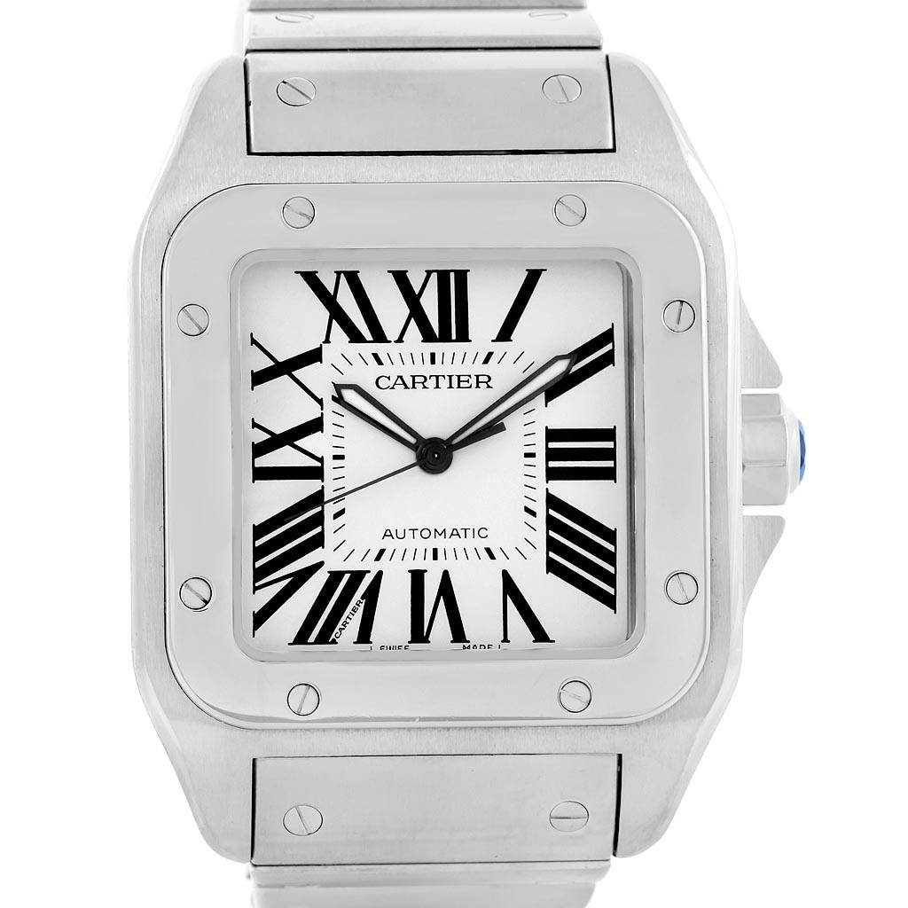 The image shows a frontal view of the Cartier Santos W200737G Men
s Stainless Steel Silver Dial W200737G Men
s Stainless Steel Silver Dial model watch, highlighting the dial, bezel, and part of the bracelet.