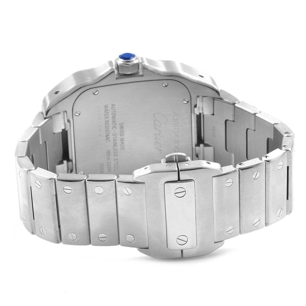 The image shows the back and bracelet of a Cartier Santos W200737G Men
s Stainless Steel Silver Dial W200737G Men
s Stainless Steel Silver Dial watch, highlighting the case back, clasp, and link screws.