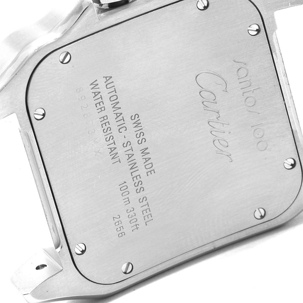 This image shows the back case of a Cartier Santos W200737G Men
s Stainless Steel Silver Dial W200737G Men
s Stainless Steel Silver Dial watch, highlighting the engravings and screws.