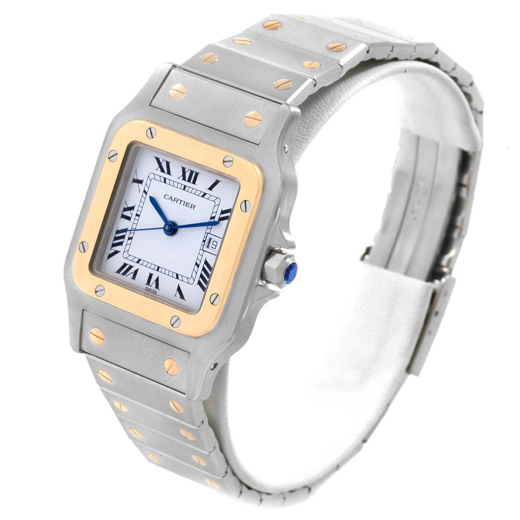 This image shows a Cartier Santos 1172961 Men
s Stainless Steel White Dial 1172961 Men
s Stainless Steel White Dial watch at a three-quarter angle, displaying the face, bezel, bracelet, and crown.