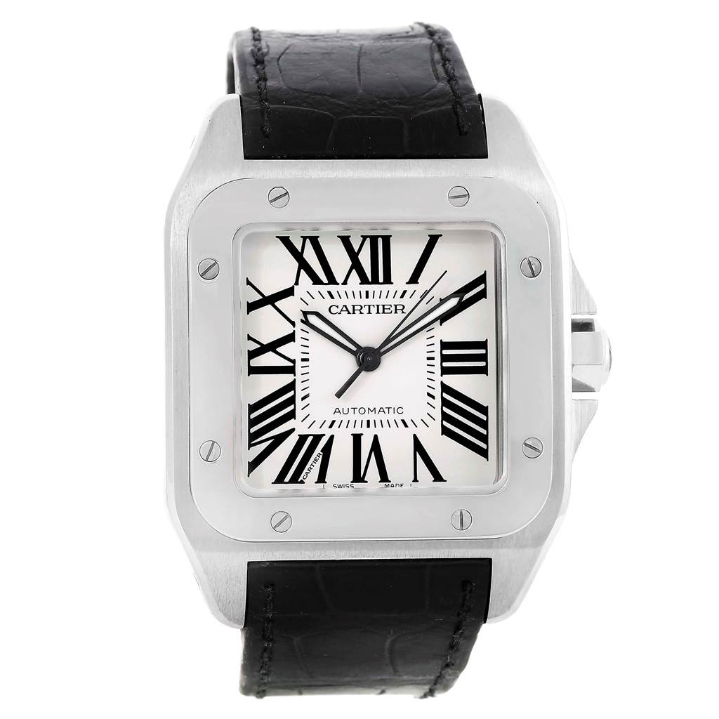 The image shows a front view of a Cartier Santos W20073X8 Men's Stainless Steel Silver Dial W20073X8 Men's Stainless Steel Silver Dial watch, displaying its face, bezel, and black leather strap.