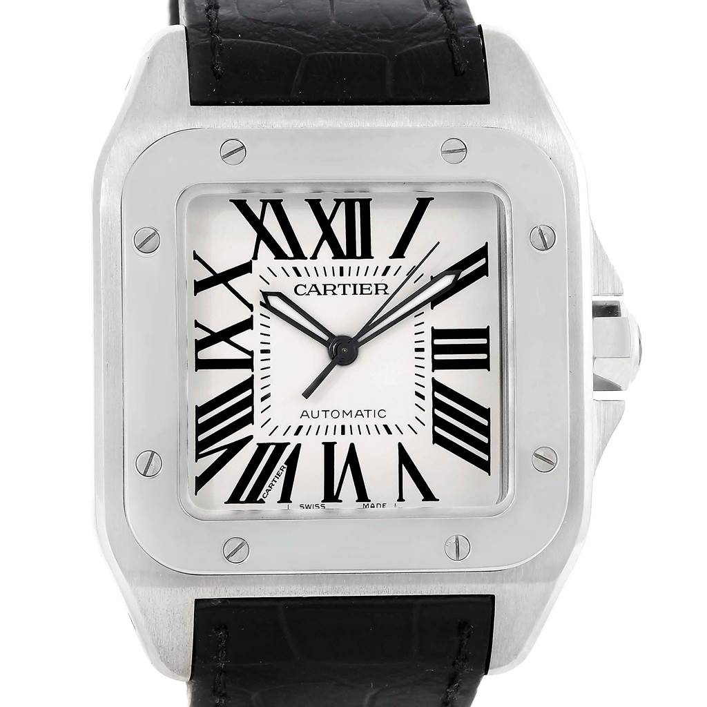 The image shows a front view of a Cartier Santos W20073X8 Men's Stainless Steel Silver Dial W20073X8 Men's Stainless Steel Silver Dial watch, displaying the face, bezel, and part of the strap.