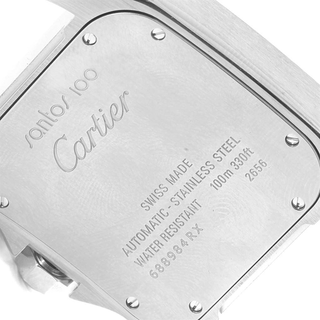 The image shows the back case of a Cartier Santos W20073X8 Men's Stainless Steel Silver Dial W20073X8 Men's Stainless Steel Silver Dial 100 watch, detailing its specifications.