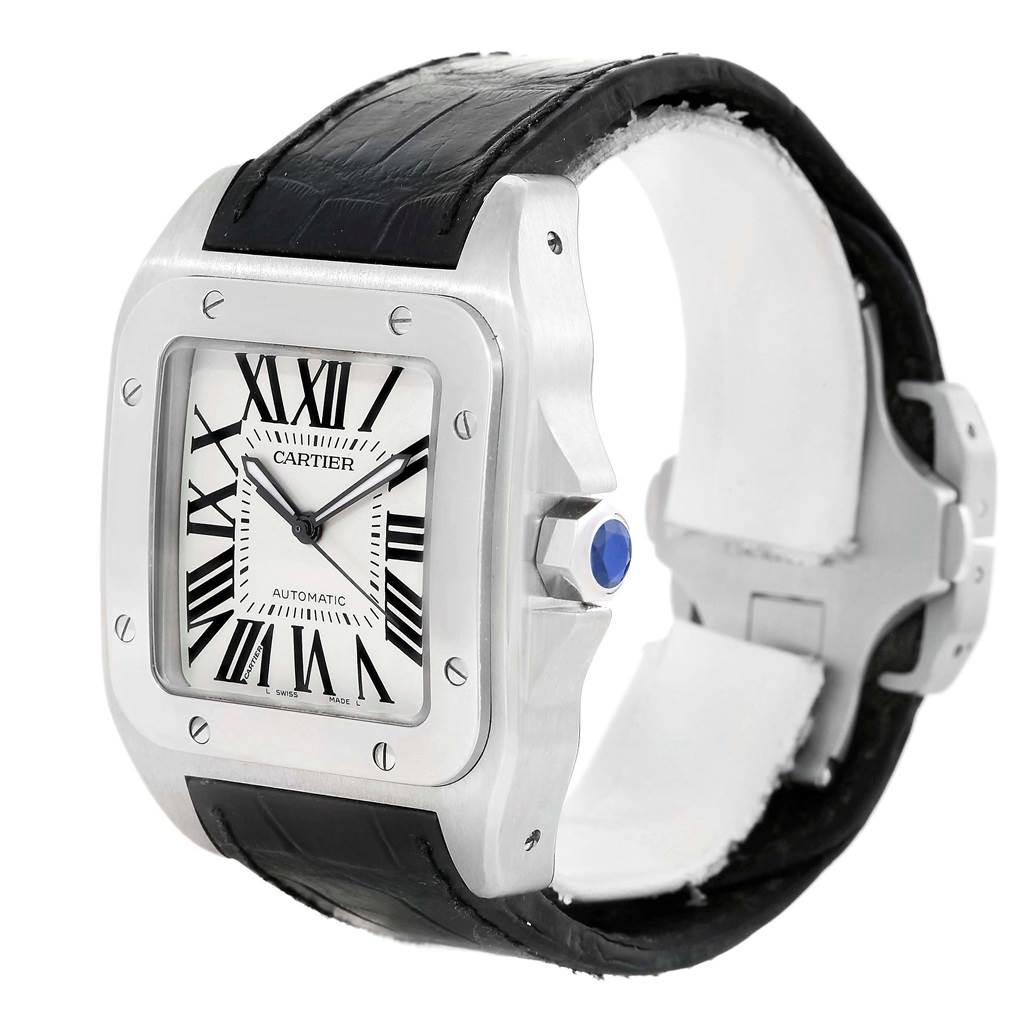 This is a Cartier Santos W20073X8 Men's Stainless Steel Silver Dial W20073X8 Men's Stainless Steel Silver Dial watch shown from an angled side view, highlighting the face, bezel, crown, and black leather strap.