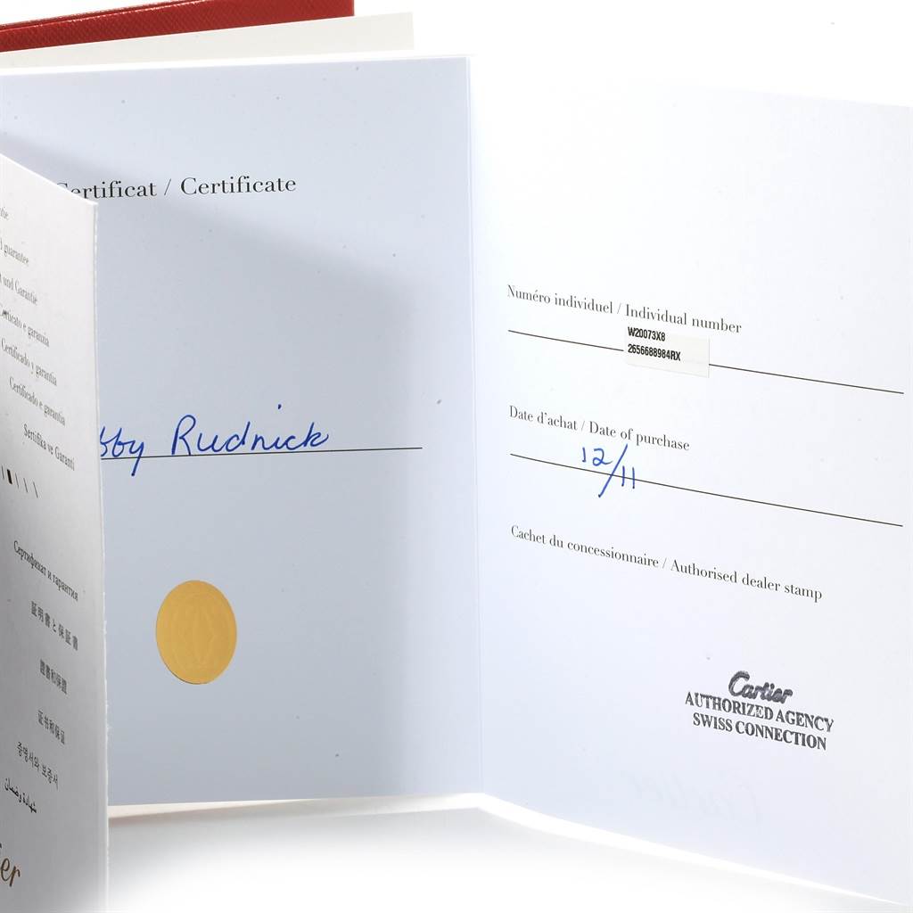 The image shows the certificate for the Cartier Santos W20073X8 Men's Stainless Steel Silver Dial W20073X8 Men's Stainless Steel Silver Dial model, displaying the date of purchase and authorization details.