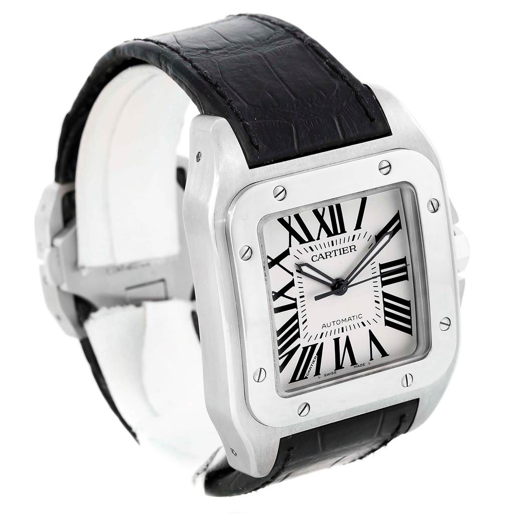 This image shows a Cartier Santos W20073X8 Men's Stainless Steel Silver Dial W20073X8 Men's Stainless Steel Silver Dial watch at a slight angle, highlighting its face, bezel, and black leather strap.