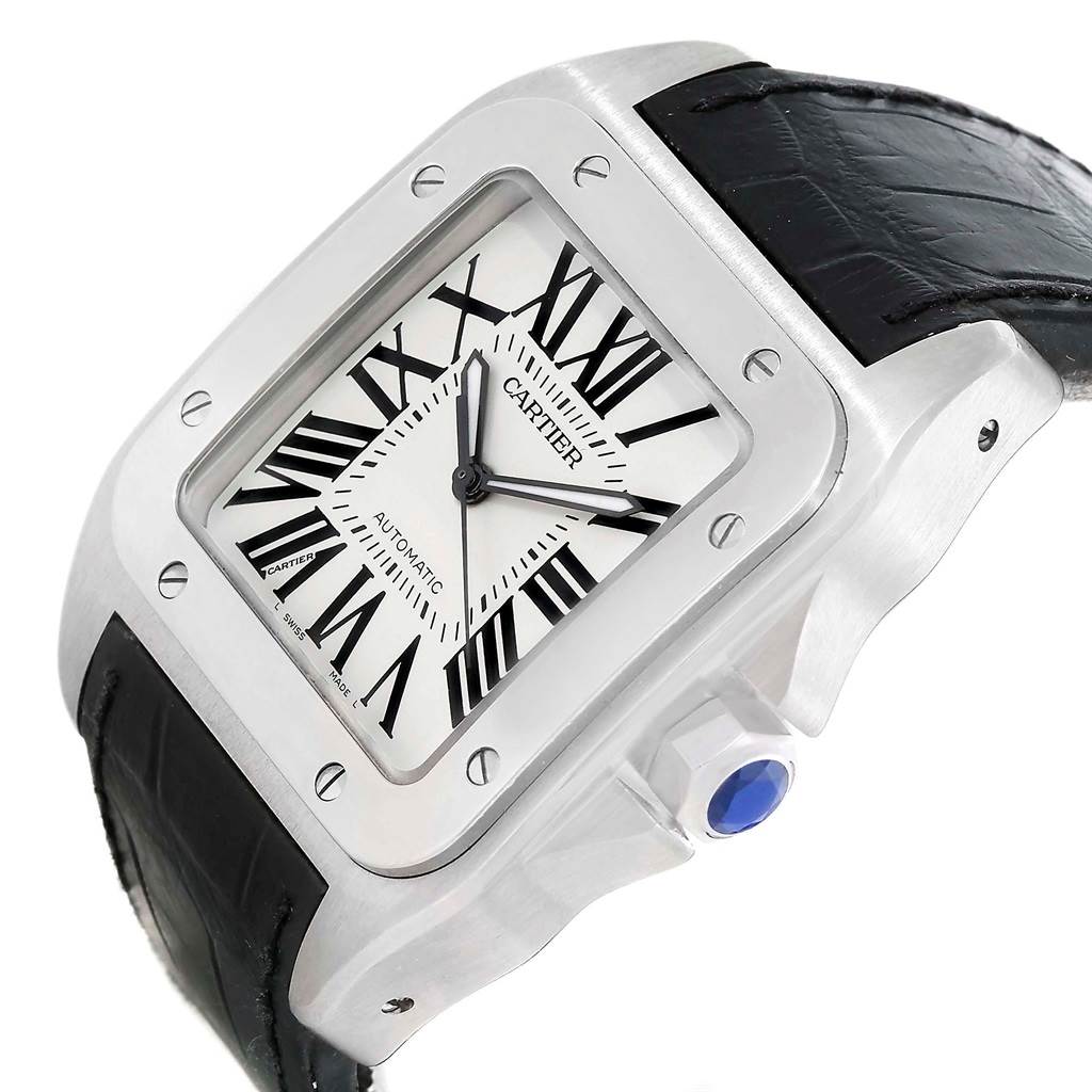 The image shows a close-up, angled view of the Santos model by Cartier, highlighting the dial, bezel, crown, and black leather strap.