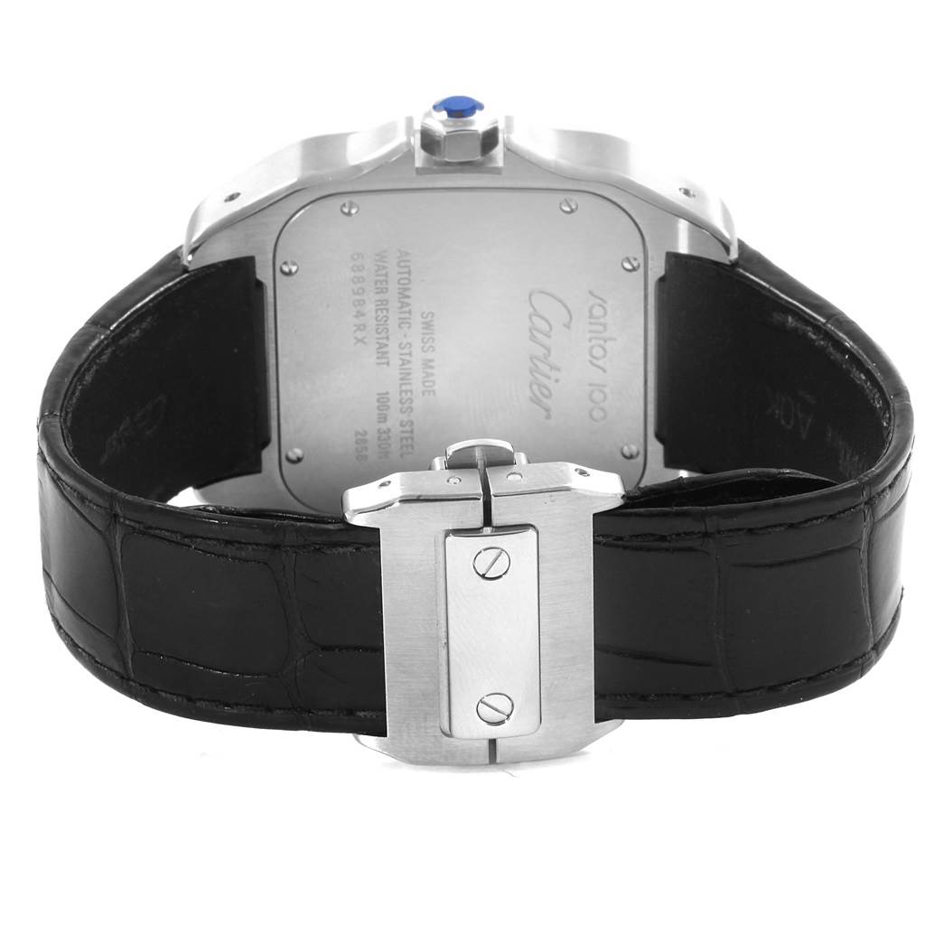 The image shows the back and clasp of a Cartier Santos W20073X8 Men's Stainless Steel Silver Dial W20073X8 Men's Stainless Steel Silver Dial model watch, including the case back and leather strap.