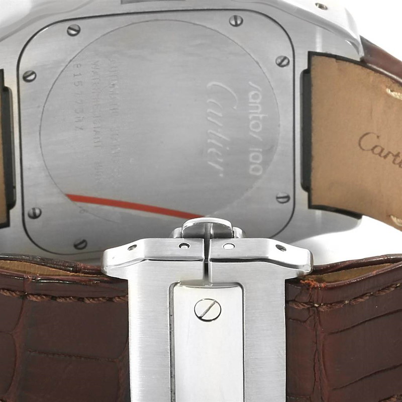 Cartier Santos 100 Silver Dial Steel Brown Strap Mens Watch W20073X8 ...