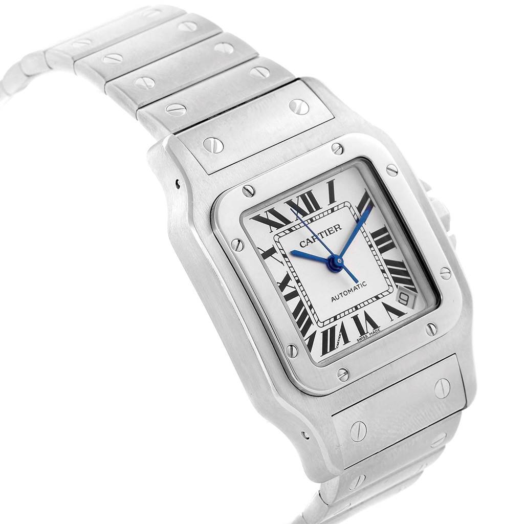 This image shows the Cartier Santos W20098D6 Men
s Stainless Steel Silver Dial W20098D6 Men
s Stainless Steel Silver Dial watch at an angle, highlighting its face, bezel, and part of its brushed metal bracelet.
