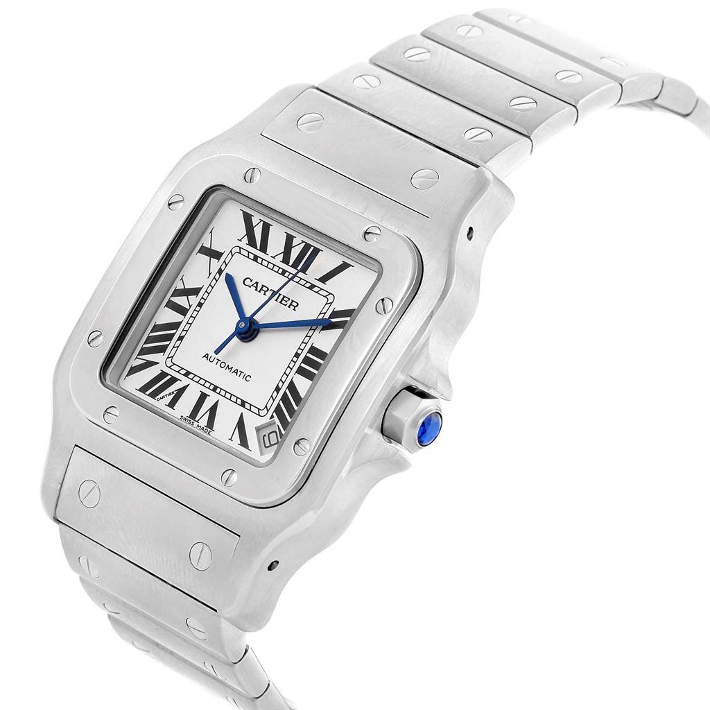 The image shows a side angle of a Cartier Santos W20098D6 Men
s Stainless Steel Silver Dial W20098D6 Men
s Stainless Steel Silver Dial watch, highlighting the face, bezel, and part of the bracelet.
