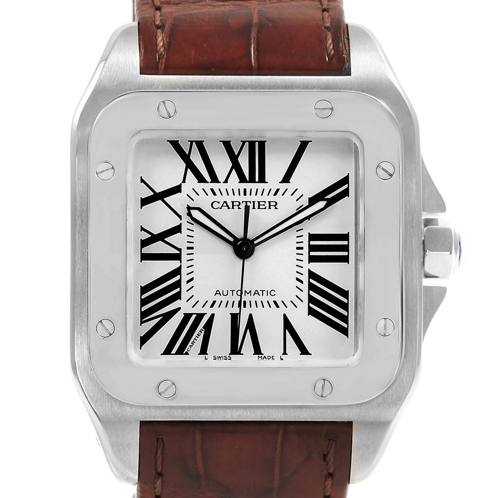 This image shows a frontal view of the Cartier Santos W20073X8 Men's Stainless Steel Silver Dial W20073X8 Men's Stainless Steel Silver Dial watch, featuring a stainless steel case and a brown leather strap.