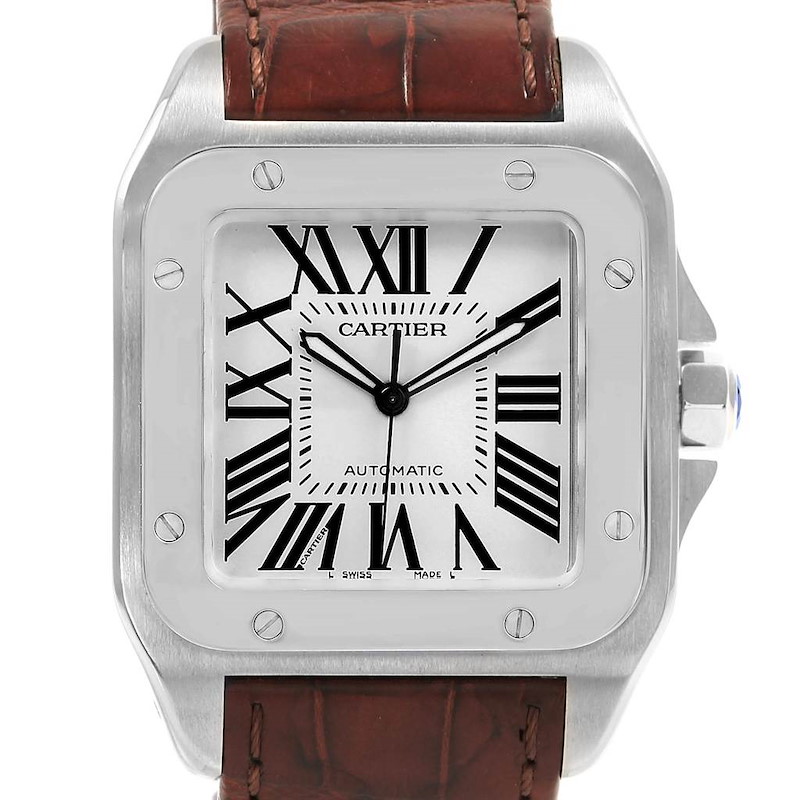 Cartier Santos 100 Silver Dial Steel Mens Watch W20073X8 Box Papers SwissWatchExpo