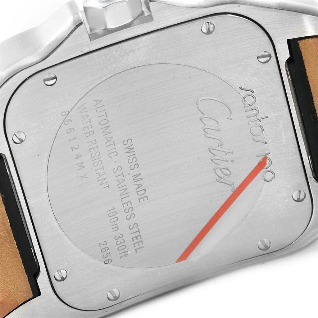 This image shows the back case of a Santos model Cartier watch, highlighting engravings and material specifications.