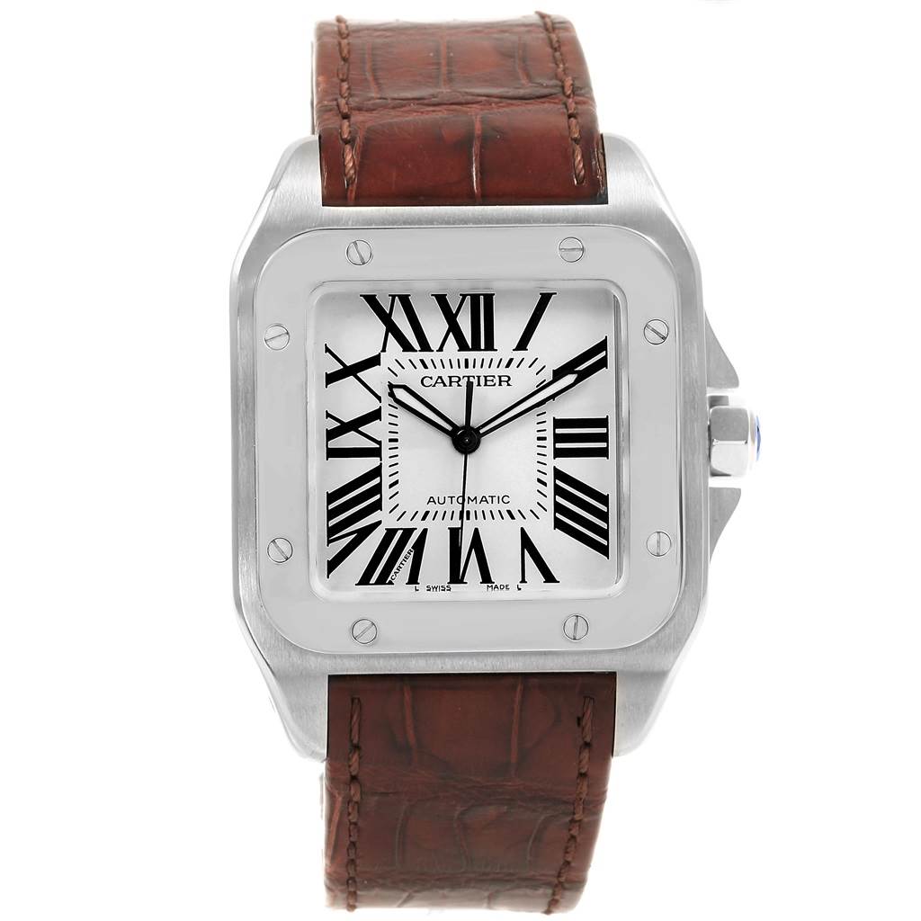 This image shows a front view of a Cartier Santos W20073X8 Men's Stainless Steel Silver Dial W20073X8 Men's Stainless Steel Silver Dial watch, featuring its square face and a brown leather strap.