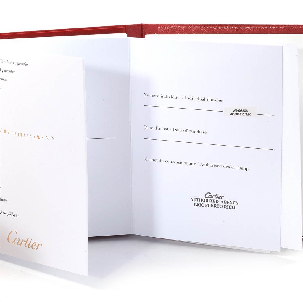 The image shows the open warranty booklet for the Cartier Santos W20073X8 Men's Stainless Steel Silver Dial W20073X8 Men's Stainless Steel Silver Dial watch, featuring purchase and dealer information.