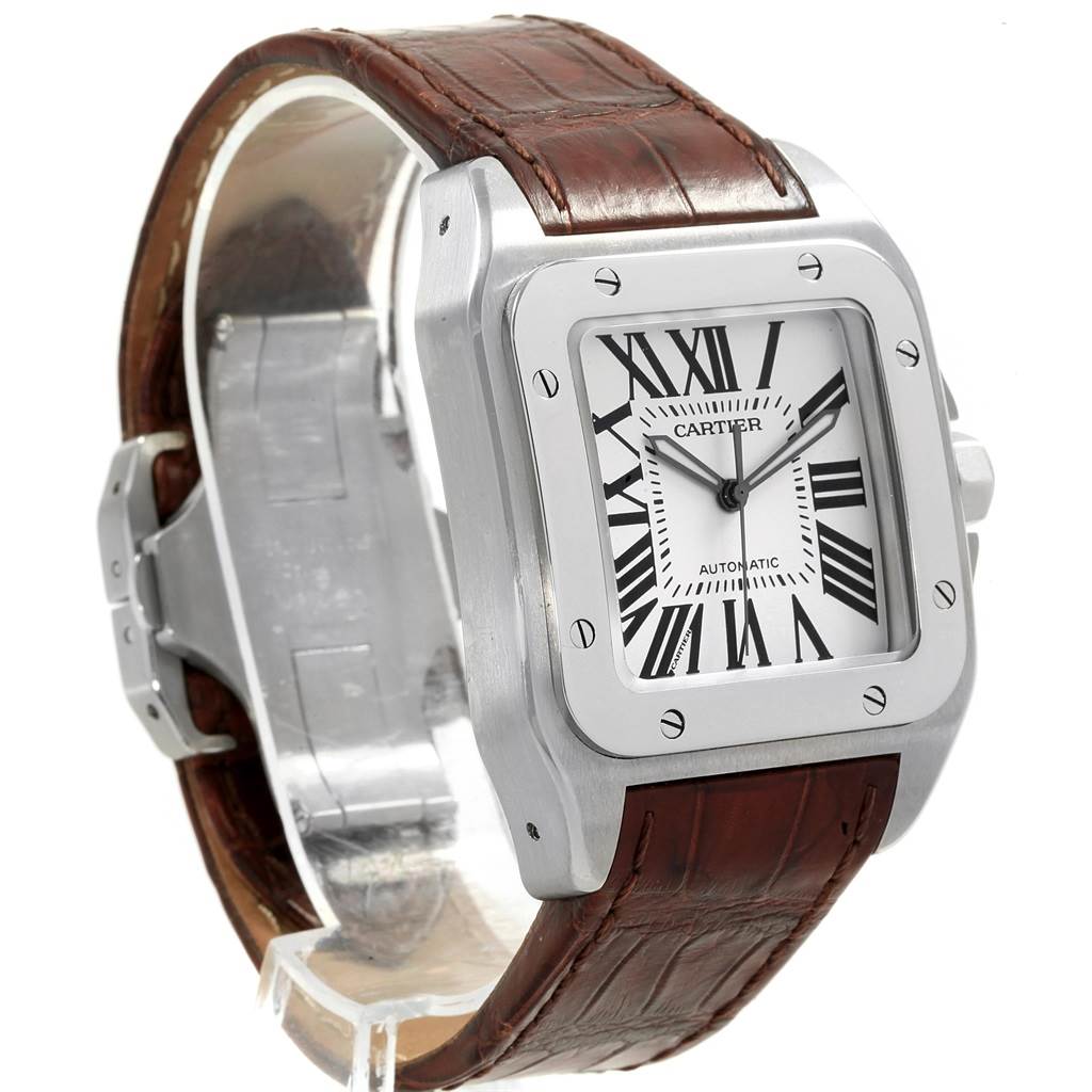 The image shows a Cartier Santos W20073X8 Men's Stainless Steel Silver Dial W20073X8 Men's Stainless Steel Silver Dial watch from a three-quarter angle, highlighting the square dial, bezel, and brown leather strap.
