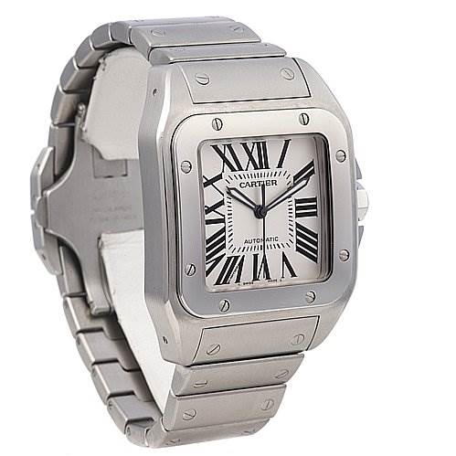The image shows a Cartier Santos 2656 Men's Stainless Steel Silver Dial 2656 Men's Stainless Steel Silver Dial watch at a three-quarter angle, highlighting the face, bezel, and metal bracelet.