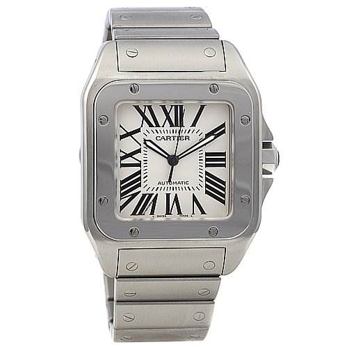 This image shows a front view of the Cartier Santos 2656 Men's Stainless Steel Silver Dial 2656 Men's Stainless Steel Silver Dial model watch, displaying its face, bezel, and part of the bracelet.