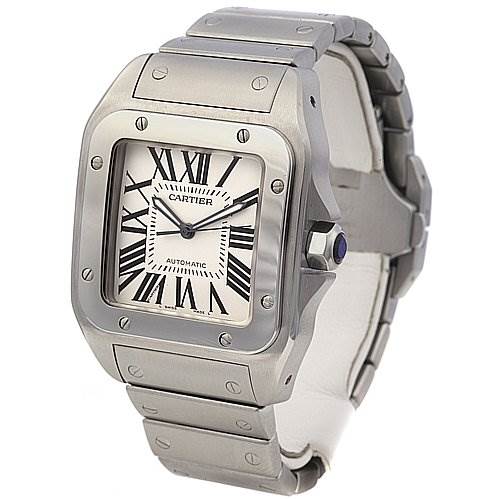 This image shows a Cartier Santos 2656 Men's Stainless Steel Silver Dial 2656 Men's Stainless Steel Silver Dial watch at an angled side view, highlighting its stainless steel case, Roman numeral dial, and metal bracelet.
