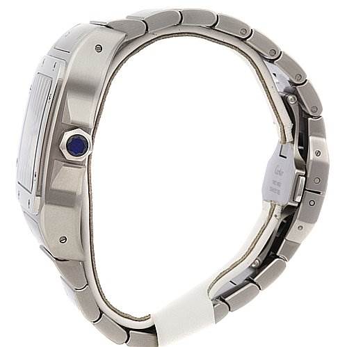 This image shows a side view of the Cartier Santos 2656 Men's Stainless Steel Silver Dial 2656 Men's Stainless Steel Silver Dial watch, highlighting its crown and metal bracelet.