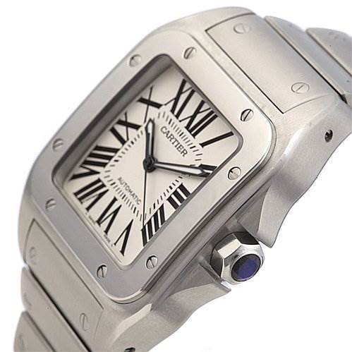 The image shows a close-up angle of the Cartier Santos 2656 Men's Stainless Steel Silver Dial 2656 Men's Stainless Steel Silver Dial watch, highlighting the face, bezel, crown, and part of the bracelet.