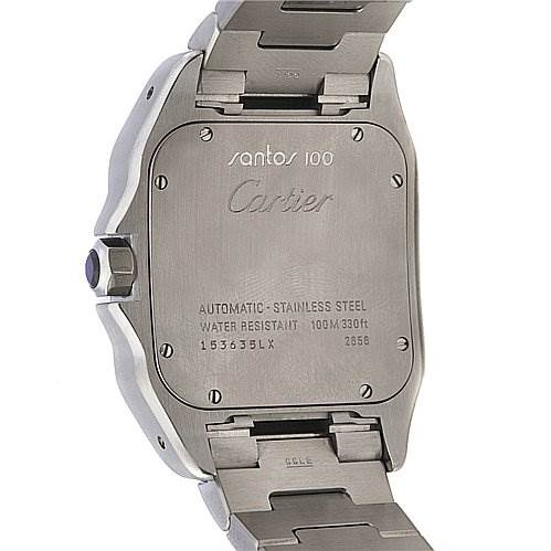 The image shows the back case and part of the bracelet of a Cartier Santos 2656 Men's Stainless Steel Silver Dial 2656 Men's Stainless Steel Silver Dial 100 watch from an oblique top angle.
