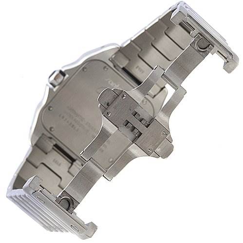 This image shows the clasp and backside of the bracelet of a Cartier Santos 2656 Men's Stainless Steel Silver Dial 2656 Men's Stainless Steel Silver Dial watch, emphasizing its deployment buckle.