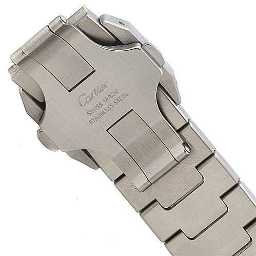 The image shows the stainless steel clasp and part of the bracelet of a Cartier Santos 2656 Men's Stainless Steel Silver Dial 2656 Men's Stainless Steel Silver Dial watch from a top-down angle.