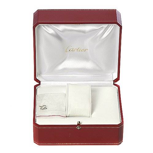 The image shows an open Cartier Santos 2656 Men's Stainless Steel Silver Dial 2656 Men's Stainless Steel Silver Dial watch box with a cushion and possibly a small accessory or booklet inside.