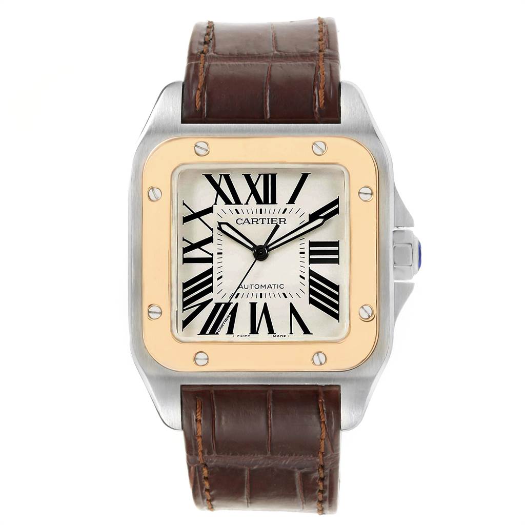 This image shows a front view of the Cartier Santos W20072X7 Men's Stainless Steel Silver Dial W20072X7 Men's Stainless Steel Silver Dial watch with a brown leather strap, white dial, and gold bezel.