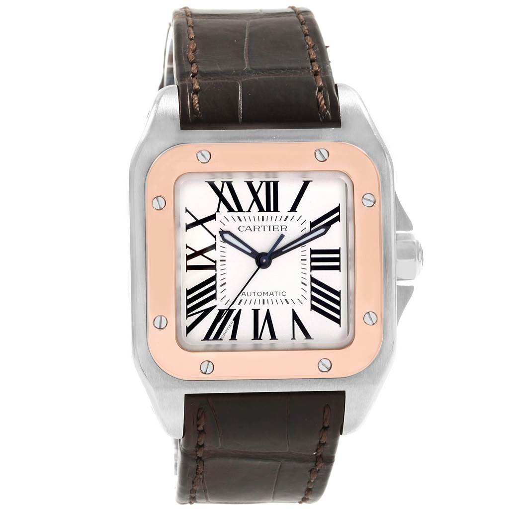 This image shows a front view of the Cartier Santos W20107X7 Men
s Stainless Steel Silver Dial W20107X7 Men
s Stainless Steel Silver Dial watch, displaying the face, bezel, and part of the leather strap.