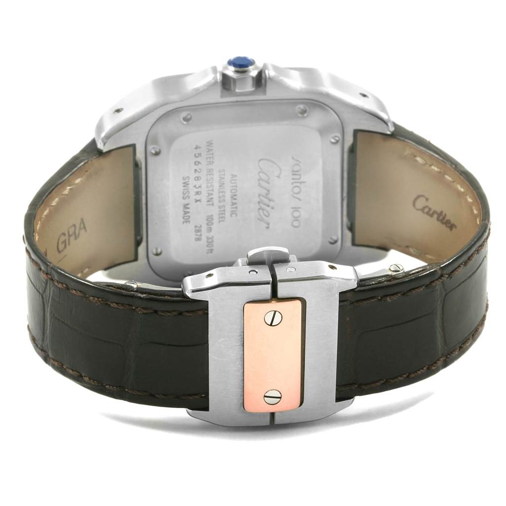 This image shows the back view of a Cartier Santos W20107X7 Men
s Stainless Steel Silver Dial W20107X7 Men
s Stainless Steel Silver Dial watch, highlighting the case back, crown, and leather strap with a stainless steel buckle.